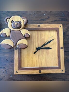 Handcrafted Wooden Inlay  Teddy Bear Clock Quartz Battery Operated Nursery Decor